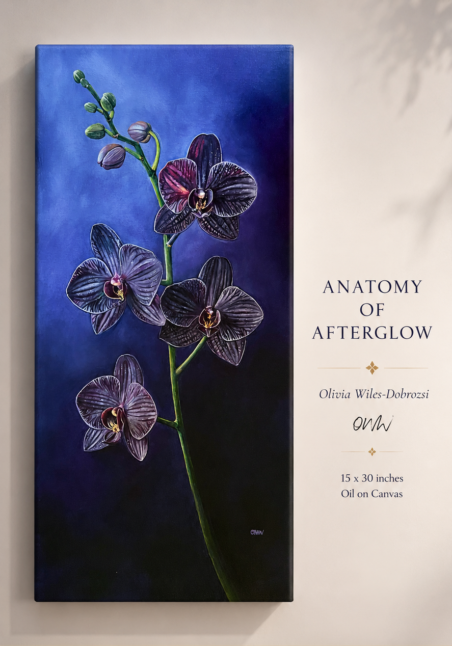 Canvas print of a floral painting titled 'Anatomy of Afterglow' by Olivia Wiles-Dobrozsi on a wall.