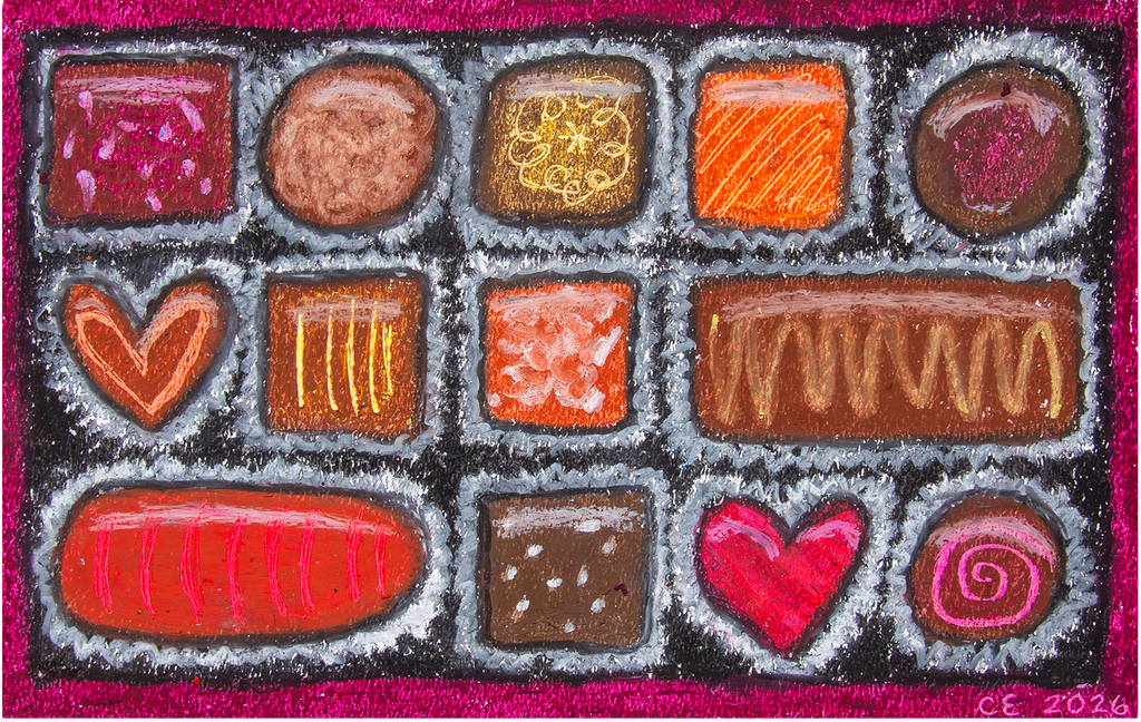 Illustration of various chocolates with different shapes and colors